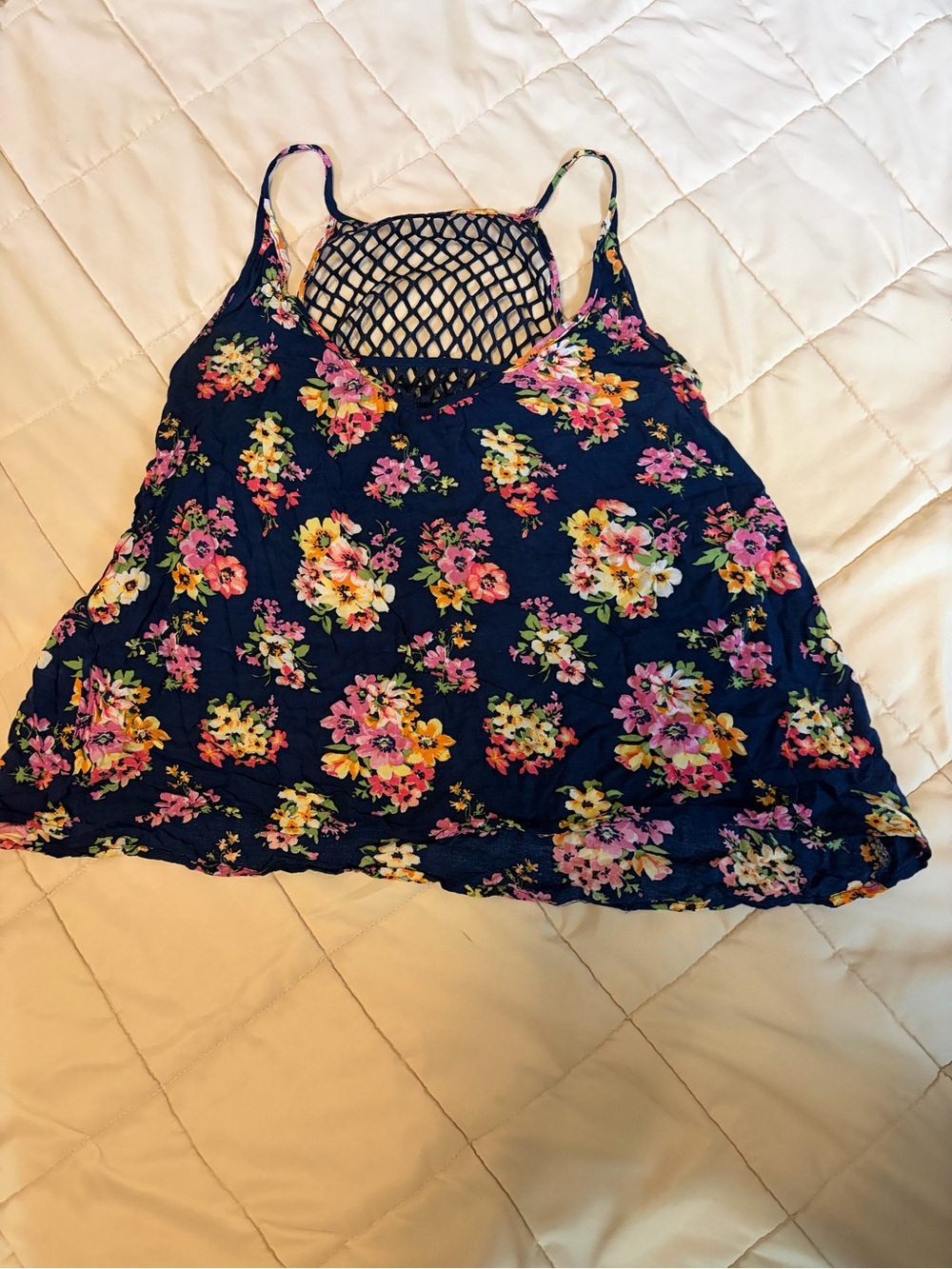 Aero Floral Navy Mesh-Back Spaghetti Strap Tank Top